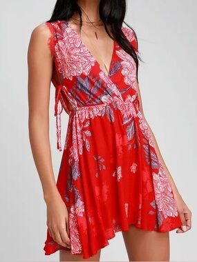Free People Red Floral Boho Mini Dress Tie Back Size Large